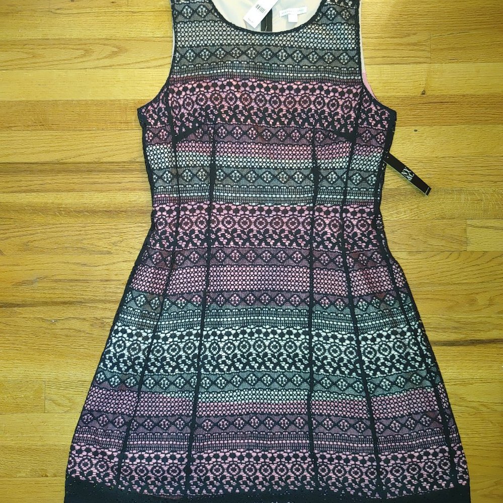 NWT NY&C Knee Length A Line Dress Pink Ombre Black Lace Sleeveless Size 12